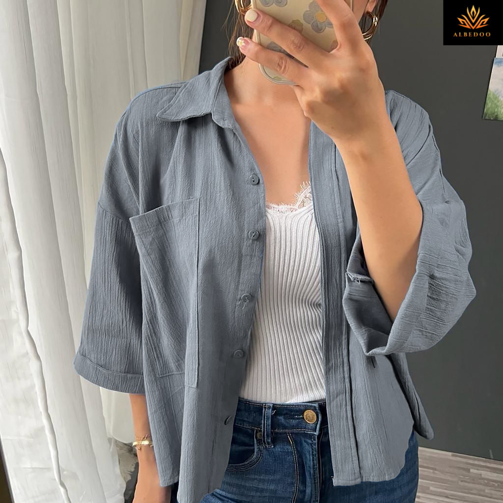 Mela Crop - Kemeja Wanita Crop Linen Crinkle Premium