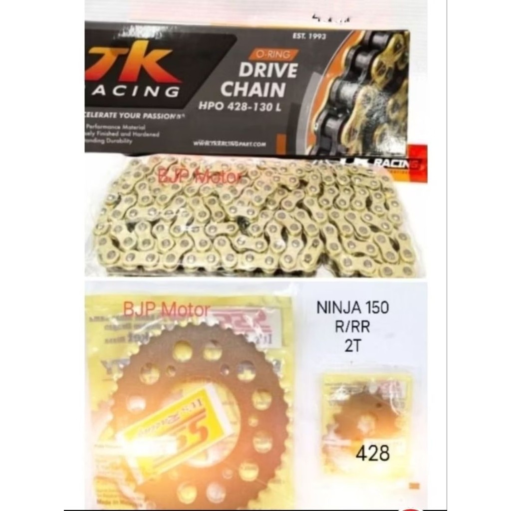 Gear Set SSS 428 NINJA 150R/RR + Rantai TK RACING HPO/O-RING 428 GOLD 130L + Pilihan Gir Depan SSS (