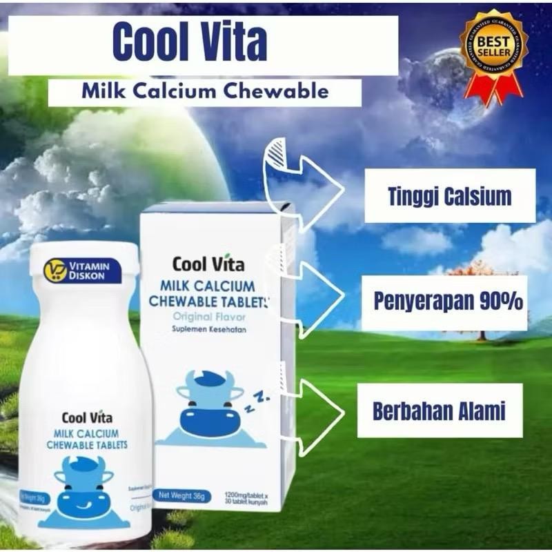 [30 Tablet] Coolvita Milk Calcium Chewable (Kunyah) Rasa Original Flavor 1 Botol Isi 30 PENINGGI BAD