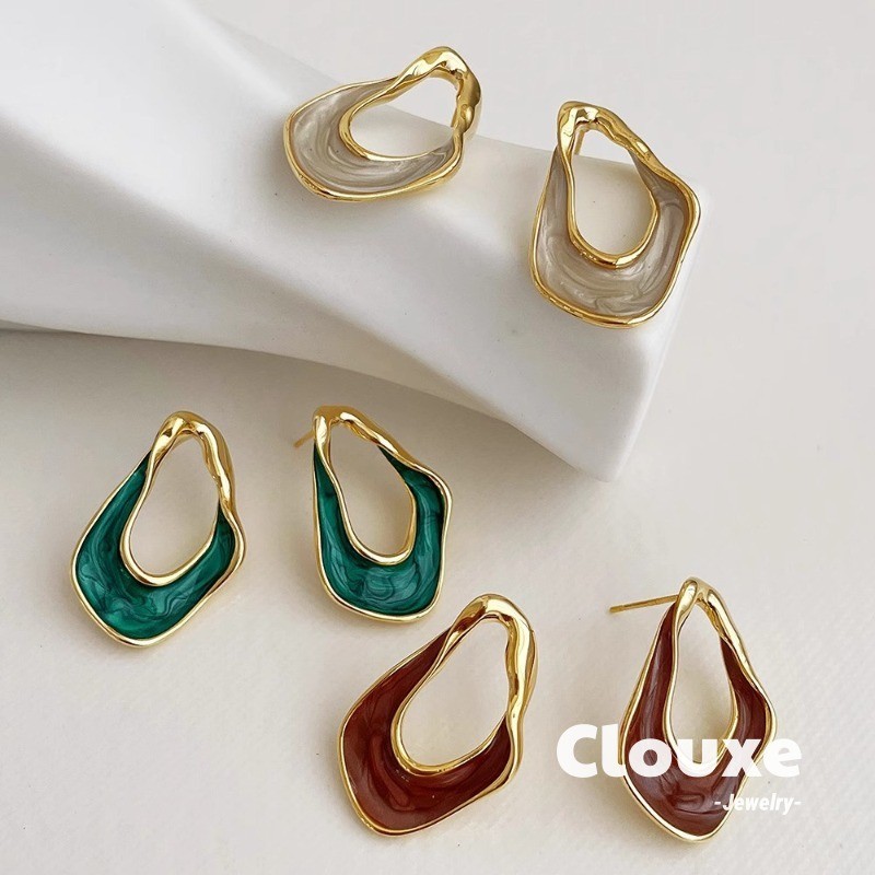 [Clouxe] Anting Retro Glaze Tetesan Desain Ellips Berbelok Warna Beragam Desain Unik F429