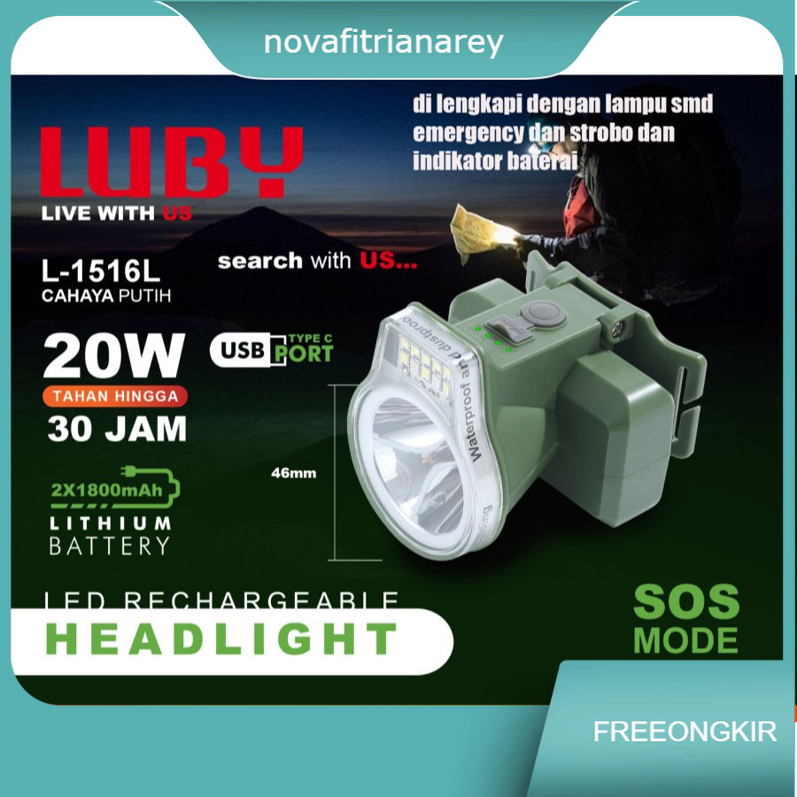 LUBY L-1516L Senter Kepala LED 20w emergency lampu strobo headlamp
