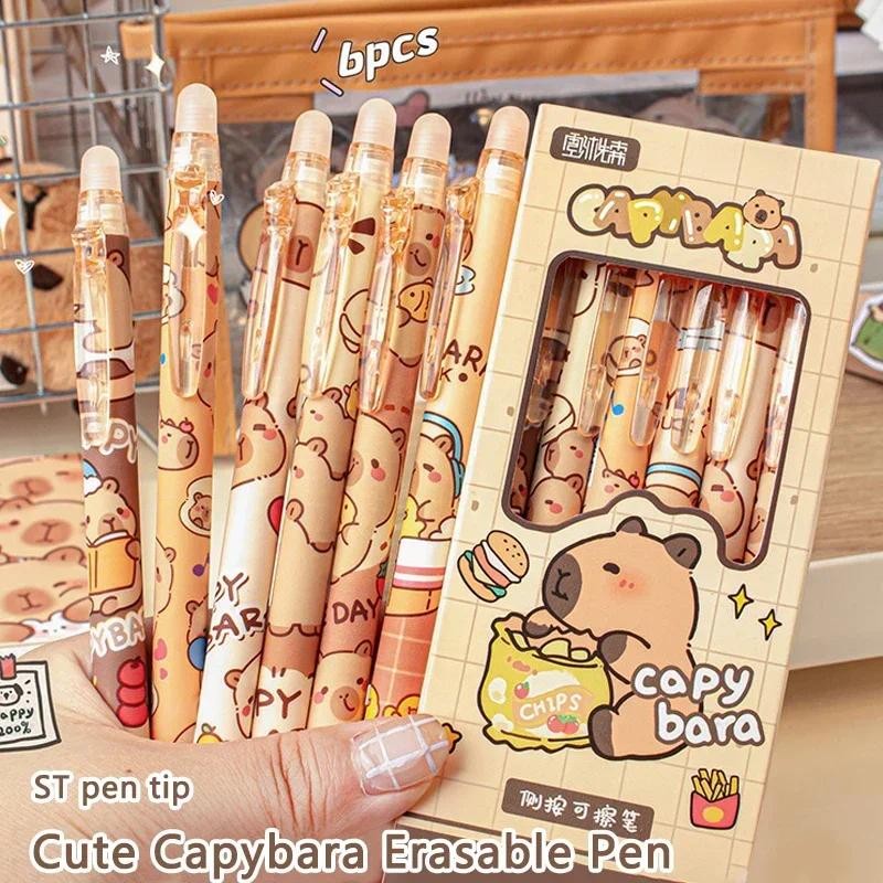 

6Pcs Cute Capybara Erasable Pen Blue Ink Writing Smooth Quick-Drying Pens School Office Accessories Students Stationery Gift