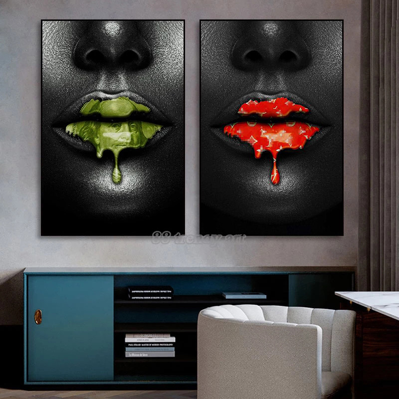 

Modern Luxury Mouth Art Canvas Painting Green Red Lips Drops Creativity Posters Fashion Wall Art Pictures for Home Room Decor