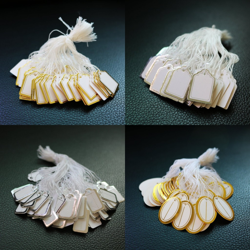 

100Pcs/lot Jewelry Price Label with Cotton String Commodity Price Tag Shop Price Card DIY Gold Silver Blank Price Display Card