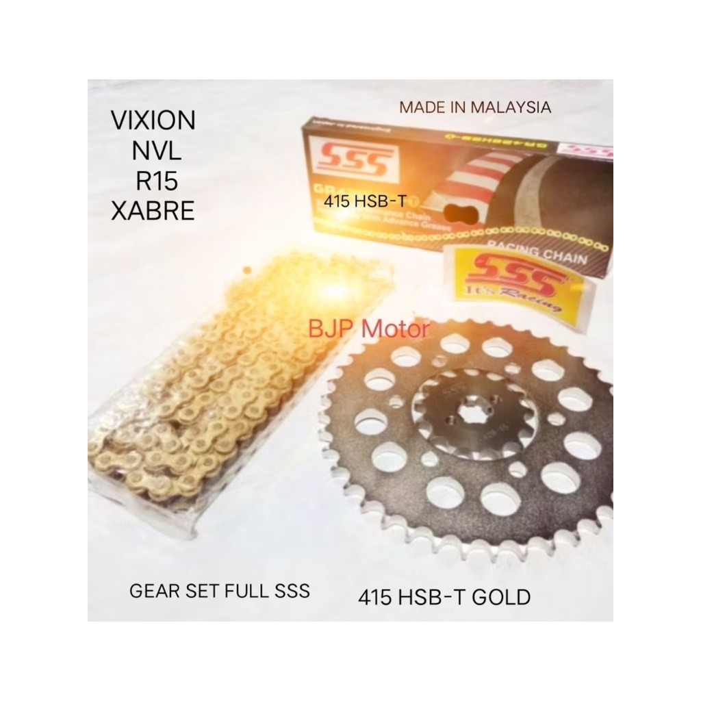 Gear Set FULL SSS 415 Vixion/New, R15, MX King, Xabre, Byson + Rantai SSS 415 HSBT SILVER dan  GOLD 
