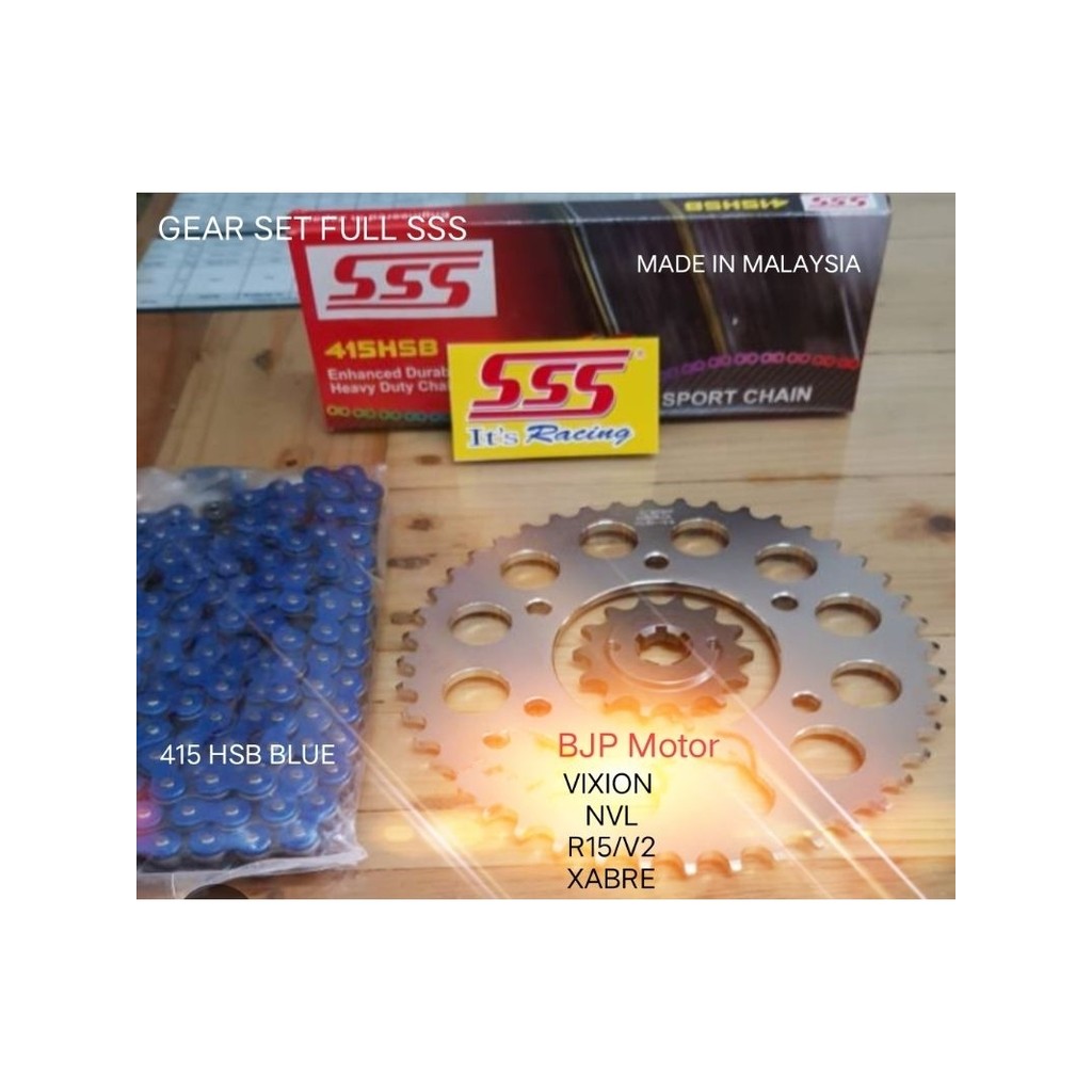 Gear Set FULL SSS 415 Vixion/New, R15, MX King, Xabre, Byson + Rantai SSS 415 HSB BIRU/BLUE + Piliha