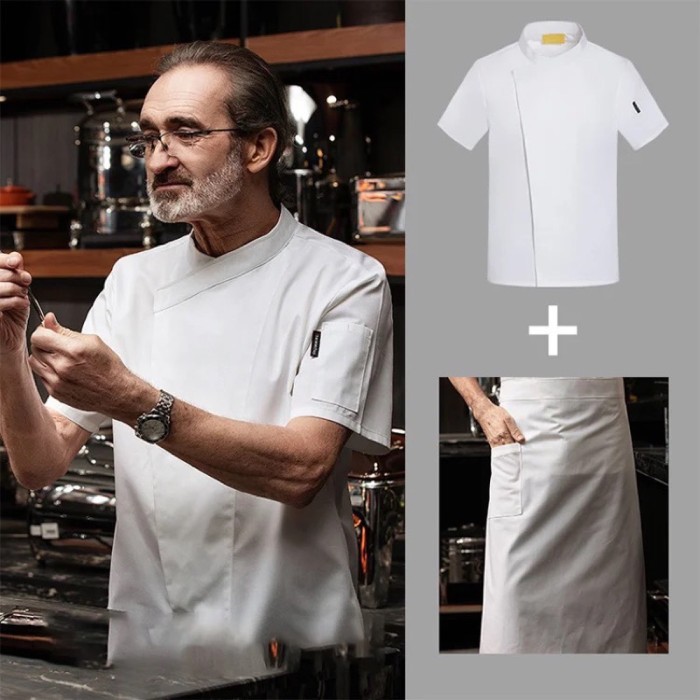 Baju Koki Set Seragam Restoran Pria&wanita Baju Chef Koki kemeja chef - Putih, XS