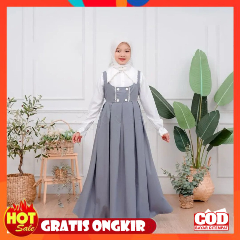 [PREMIUM ORIGINAL] Pakaian Muslim Anak Perempuan Arsyi Overal Kids Usia 8-15 Tahun Bahan Polo Linnen