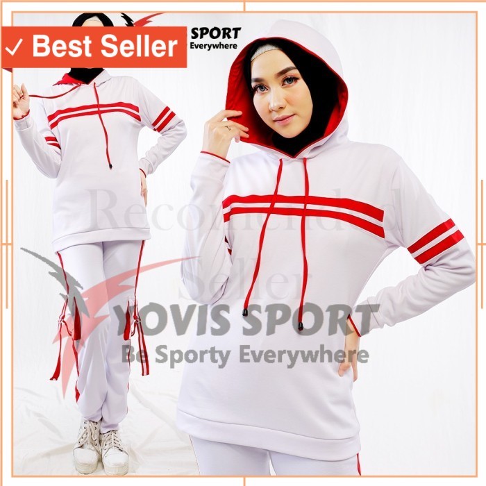 BAju Sport Kekinian Keren Unik Style Korea tebal awet /setelan hoodie cewe yovis sport - putih-merah