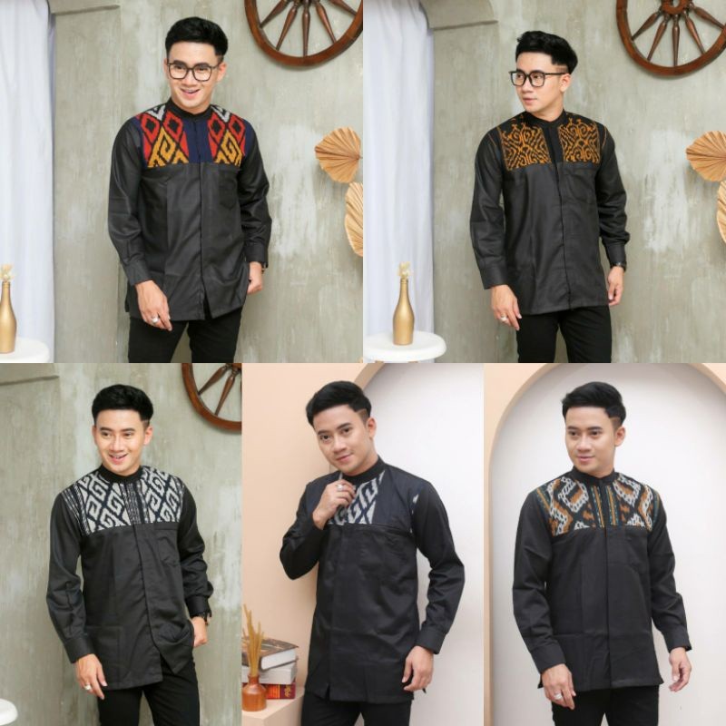 KEMEJA KOKO LENGAN PANJANG KOMBINASI TENUN ASLI / BAJU MELAYU TENUN BATIK KHAS INDONESIA