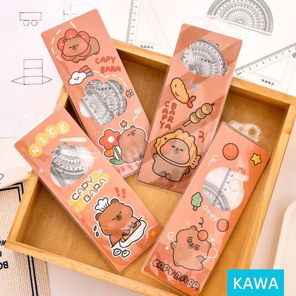 

KAWA Penggaris Set 4 in 1 Capybara Lucu Plastic Busur Siku Segitiga Ruler Aesthetic Plastik Cute Kapibara