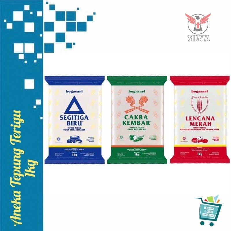 

TEPUNG TERIGU SEGITIGA BIRU, KUNCI BIRU, LENCANA MERAH, CAKRA KEMBAR 1 KG PREMIUM TERMURAH KUALITAS