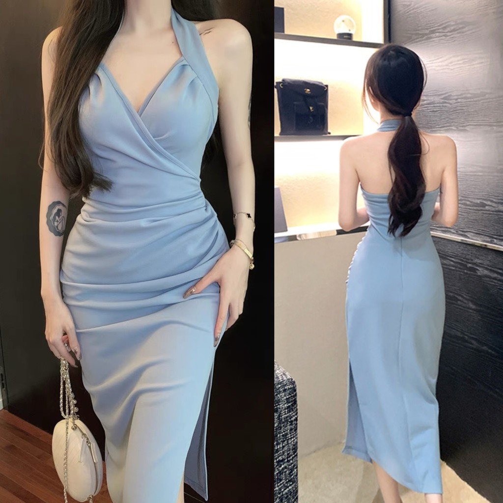 Meirong baju dress biru muda pantai panjang wanita elegan wanita long blue dress press body korea st