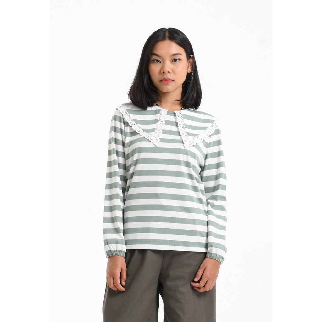 3Second Women's T-Shirt Long Sleeve Regular Fit Stripe Collar Lace Tee Greta HP-031224