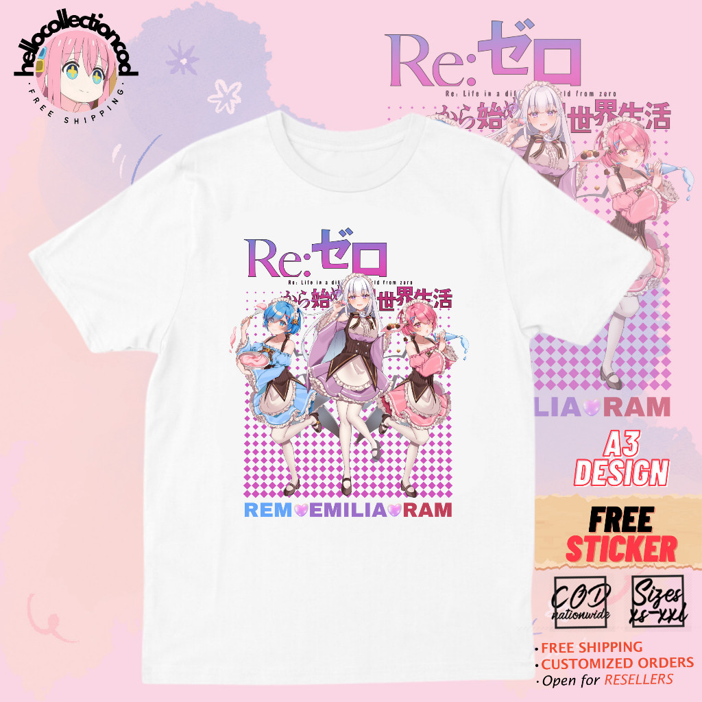 Kaos Baju ReZero Rem Ram Emilia Dots  Anime Shirt