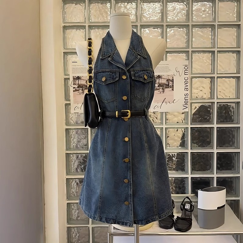Gaun Pendek Tanpa Lengan Ramping Pinggang Baru Versi Korea Retro Slim Denim Dress Wanita