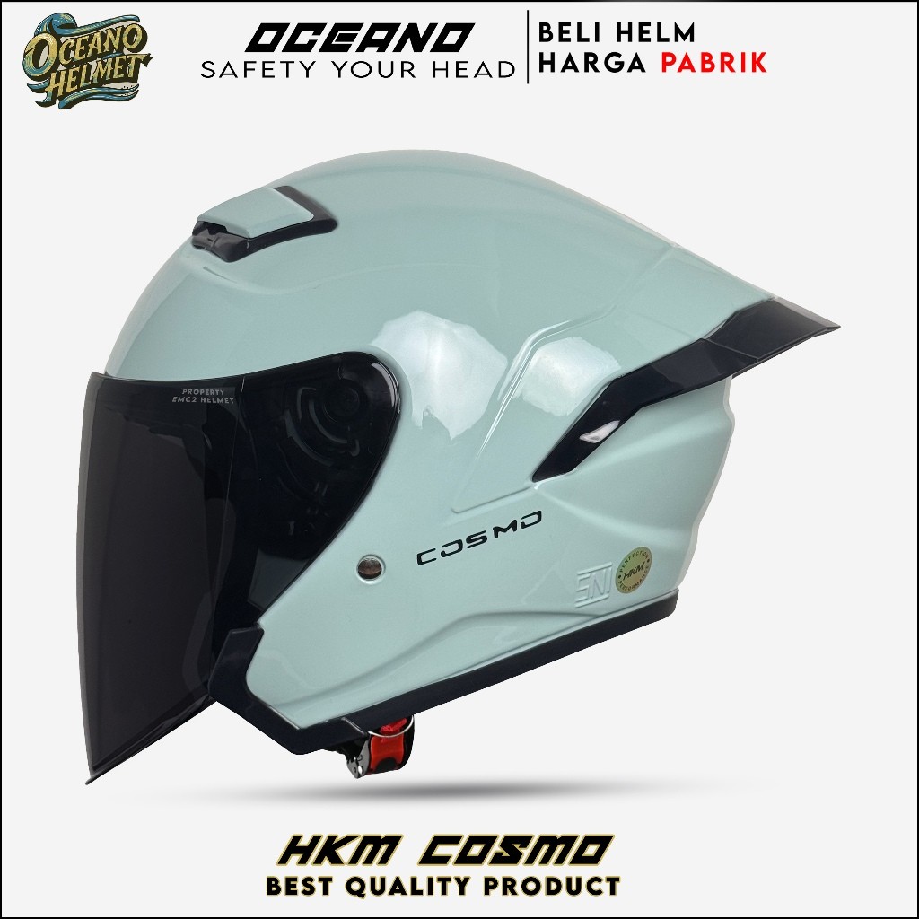 Helm Half Face HKM COSMO | Hijau Mint Kaca Hitam | Paket Ganteng Untuk Pria Dan Wanita Dewasa SNI