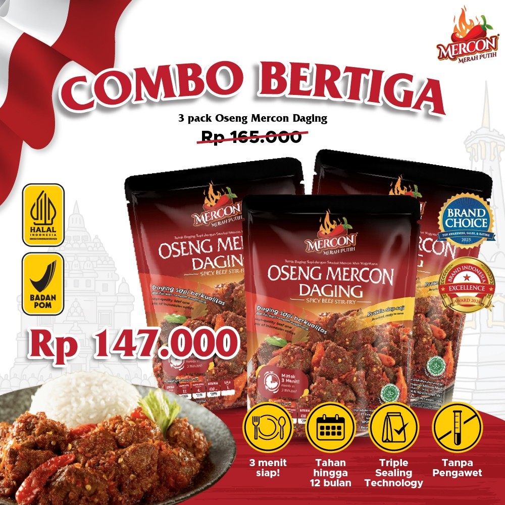 

[JAMINAN HARGA TERMURAH] - Mercon Merah Putih - Combo Bertiga 3 Pack Oseng Mercon Daging / Makanan Kaleng Siap Saji / Iga Mercon / Sambel Iga Food Instan Pedas