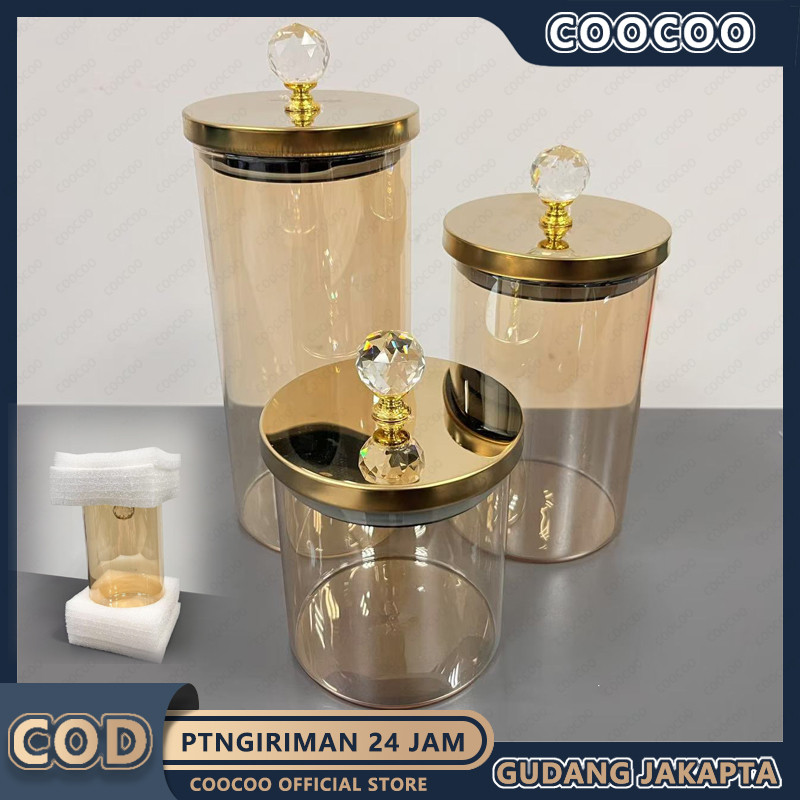 Toples Kaca Toples Makanan Bentuk Bulat/1 Set Toples Kaca Aesthetic/ Dengan Penutup Kayu/Makanan Sto