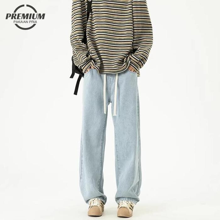 Celana jeans pria pinggang elastis jeans kulot jumbo celana cowok panjang kekinian keren biru muda o
