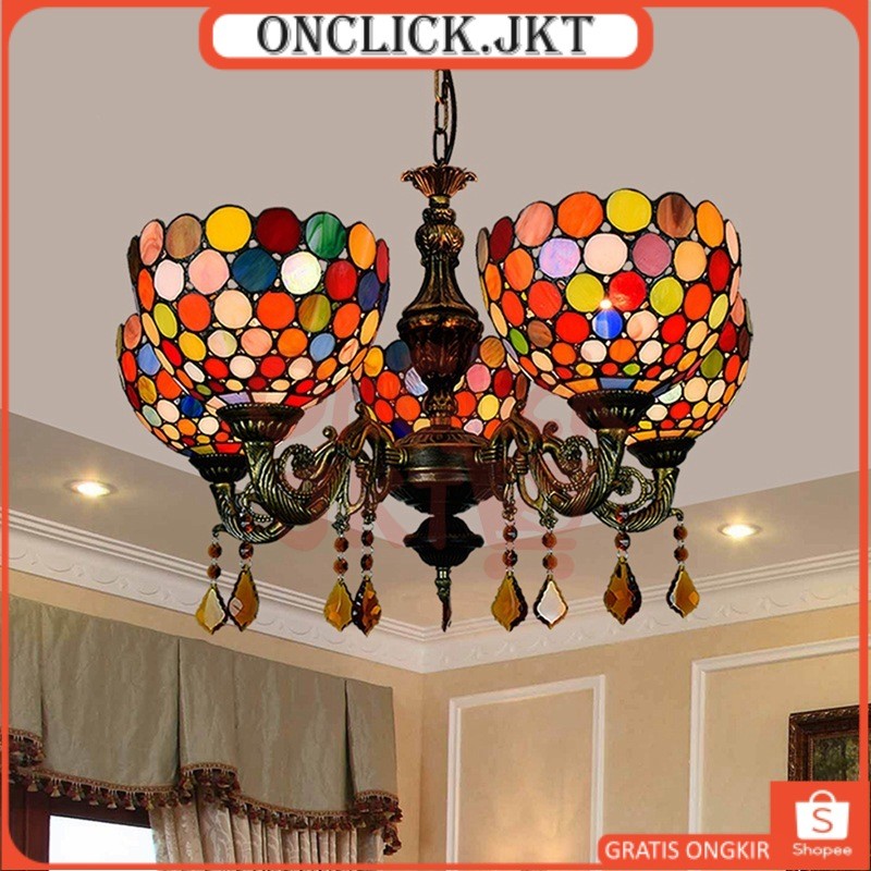 Lampu Gantung Tiffany 5 Kepala Lampu Kaca Patri Bohemian Vintage LED Dekorasi Ruang Tamu & Restoran