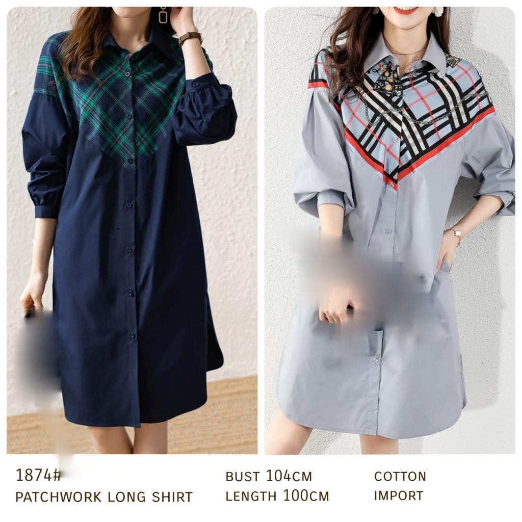 YR 3M KEMEJA 1874 TM THREE M PATCHWORK LONG FASHION WANITA PREMIUM ANGGUN CANTIK MODIS