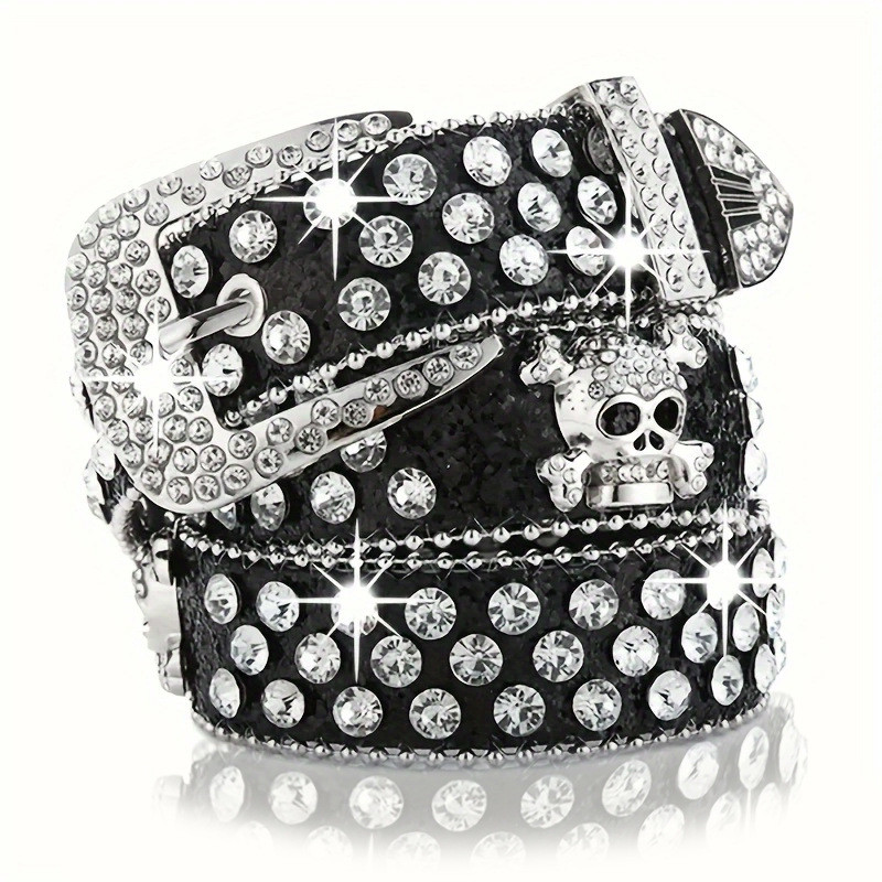 Rhinestone Belt Western Belts Y2k Cowboy Cowgirl Studded Belt Goth Emo Skull Sequin PU Belt for Wome