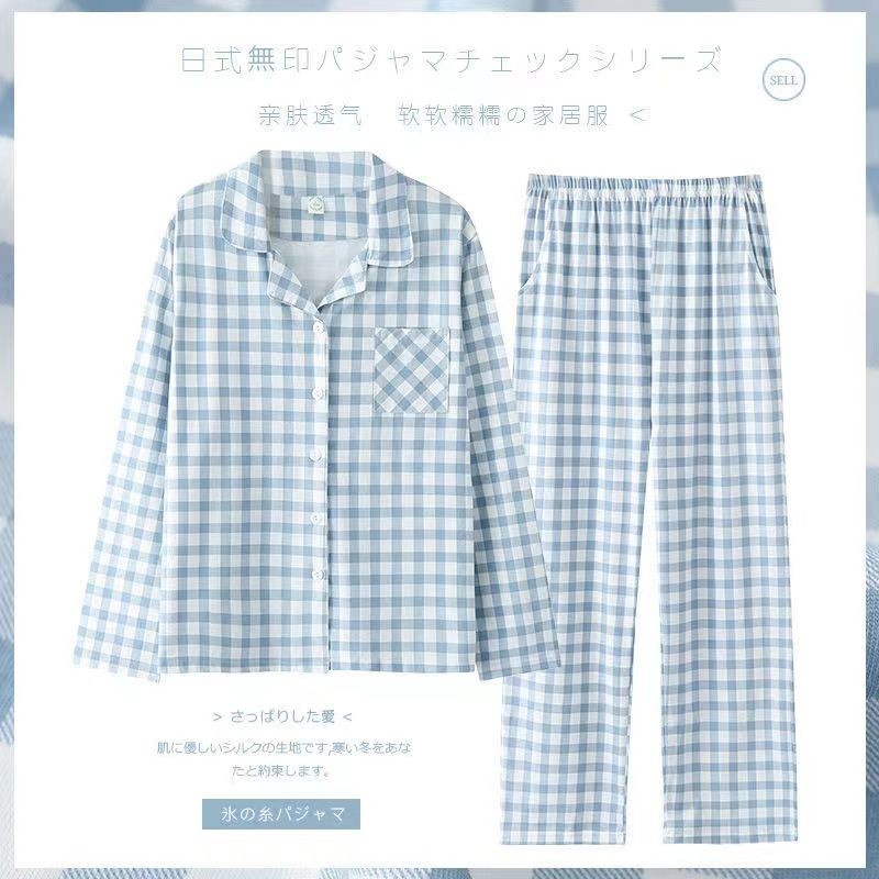 New 100% Cotton Couple Pajamas Set Women Men Plaid Loungewear Spring Simple Comfortable Home Clothin