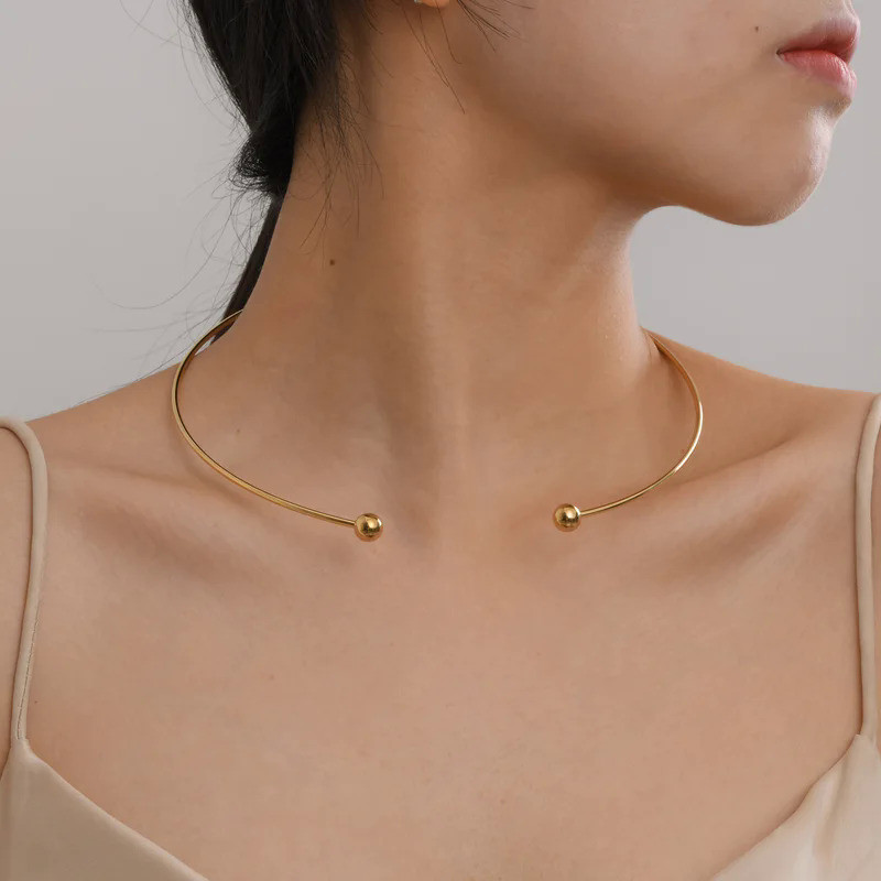 Kalung choker baja tahan karat 2 buah kalung warna emas kerah bulat terbuka perhiasan sederhana modi