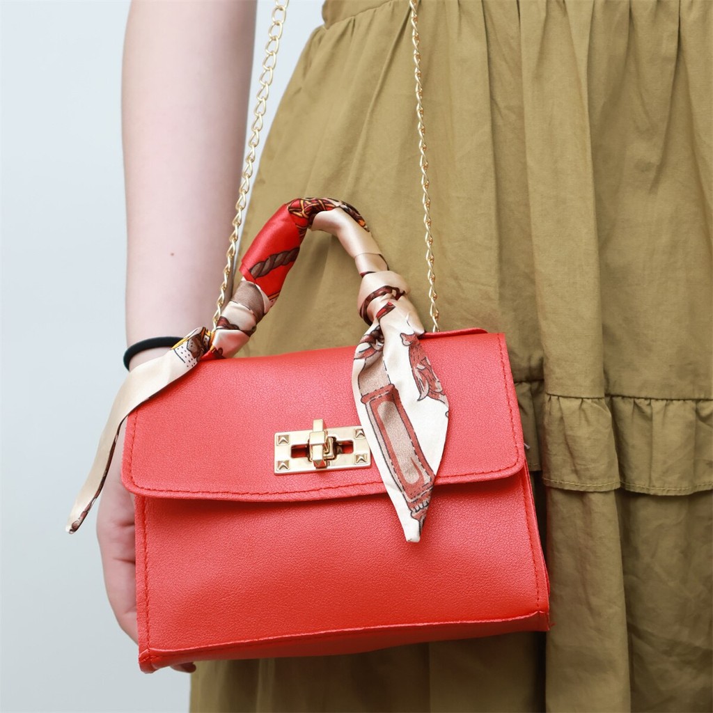 

Women Fashion Simplicity Solid Color Handbag Niche Design Silk Scarf Mini Chain Single Shoulder Crossbody Bag Bandolera