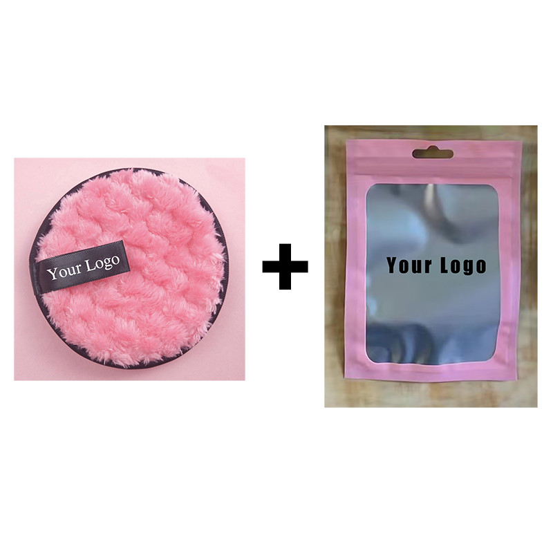 

50pcs Custom Logo Pink Microfiber Makeup Remover Pads Round Reusable Washable Cotton Wipes Cleaning Towel Powder Puff Eraser