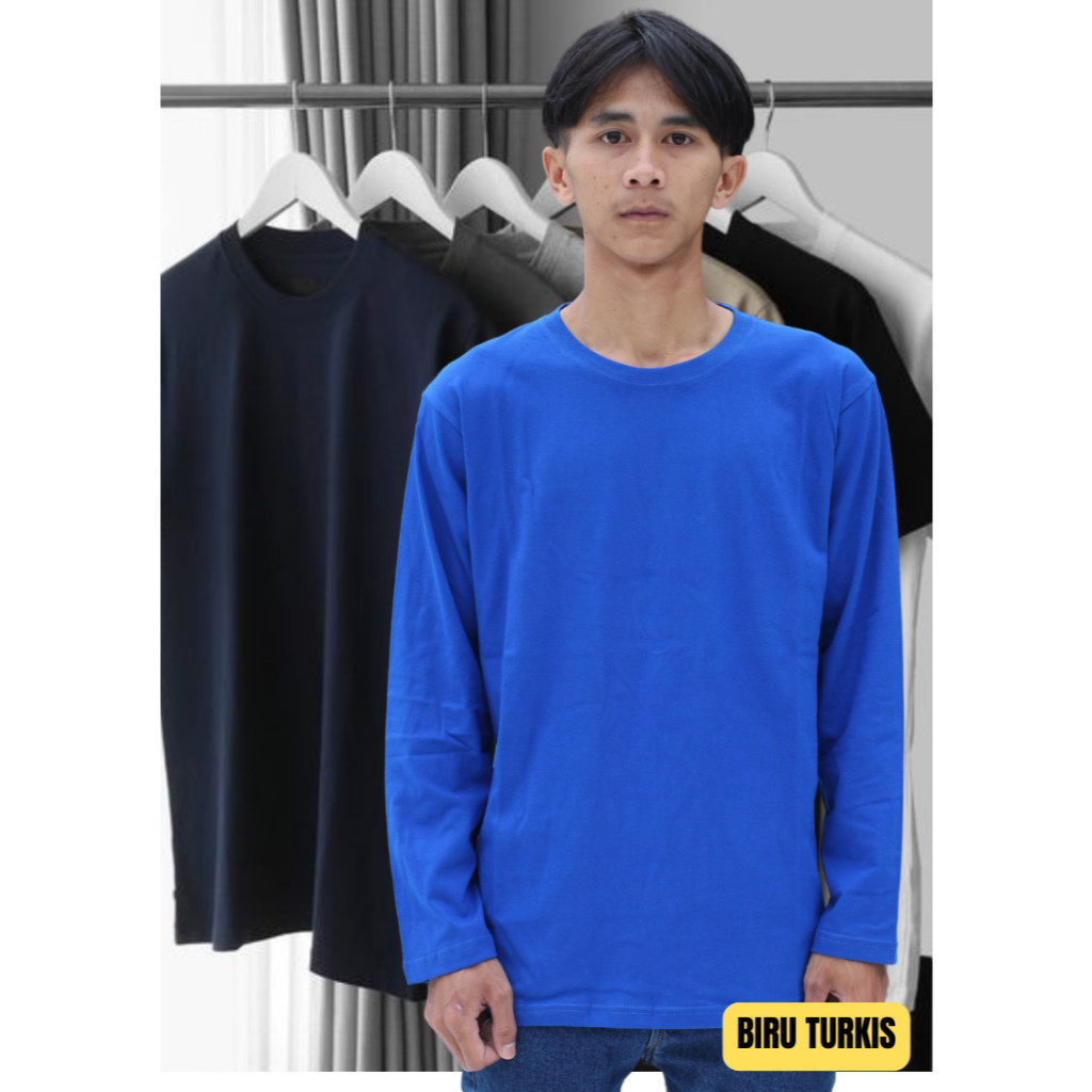Kaos Dewasa Lengan Panjang Kaos Warna Biru Turkis Polos Bahan Cotton Combed Quality Premium