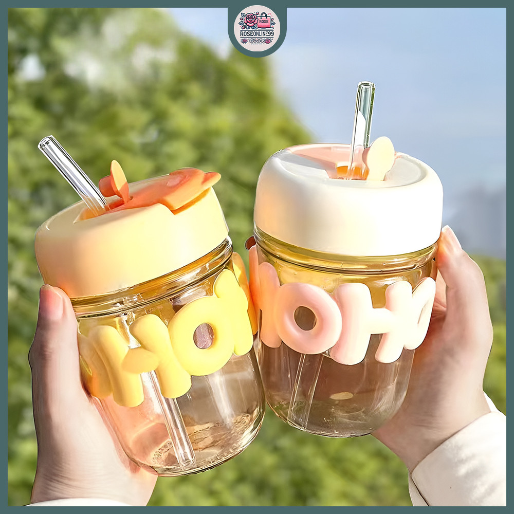 RO Tumbler Gelas Botol Minum Kaca Aesthetic Tumbler Minum Sedotan Lucu