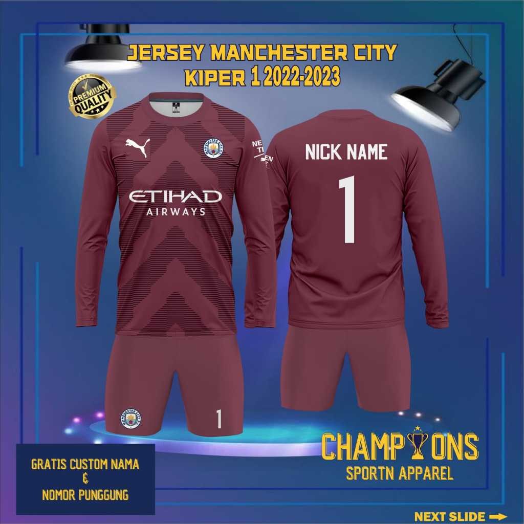 Jersey Klub MANCHESTER CITY KIPER 1 Lengan Panjang 2022-2023 Liga Champions UEFA, Berbahan Dryfit Fu