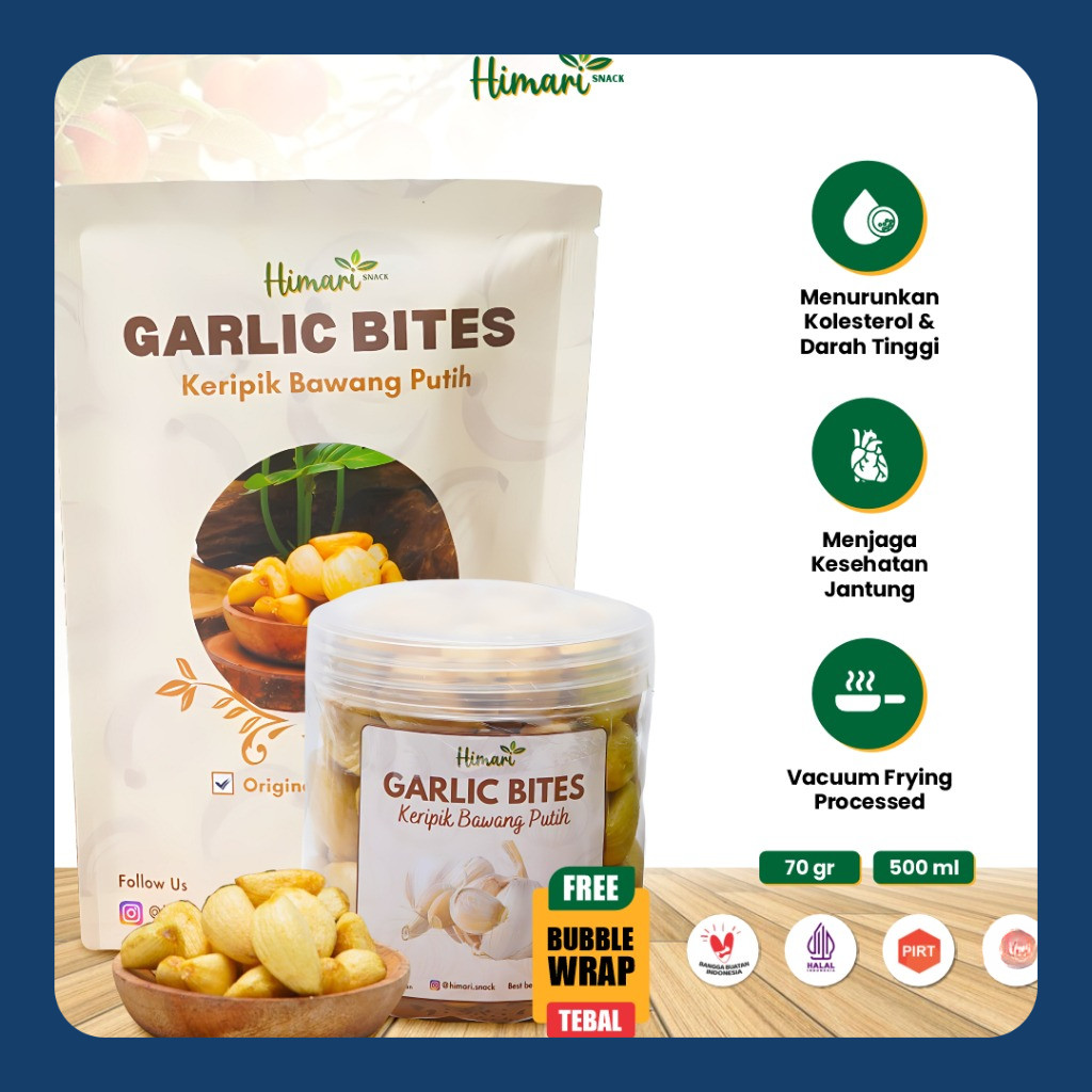 

Keripik Bawang Putih Himari Garlic Bites Snack Cemilan Sehat Kemasan Pouch 70gr dan Toples 350-500ml