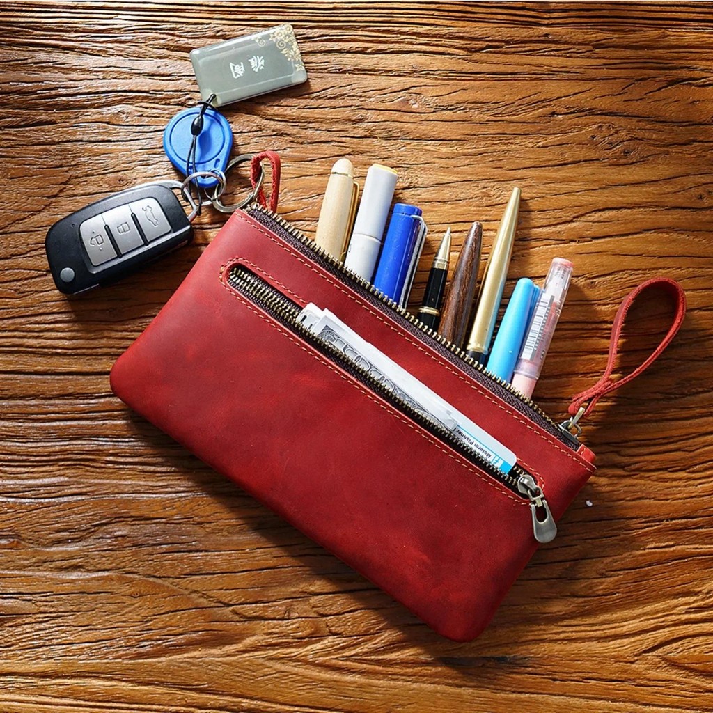 

Vintage Zipper Pencil Bag, Soft Leather Organizer Pen Holder Case, Portable Writing Stationery Pouch For Business Travel Office