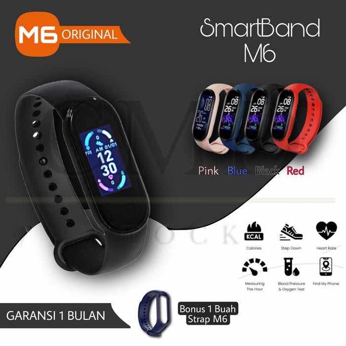 SMARTWATCH M6 SMARTBAND LIKE MI BAND 2022 ANTI AIR SMART BAND ORIGINAL - Pink