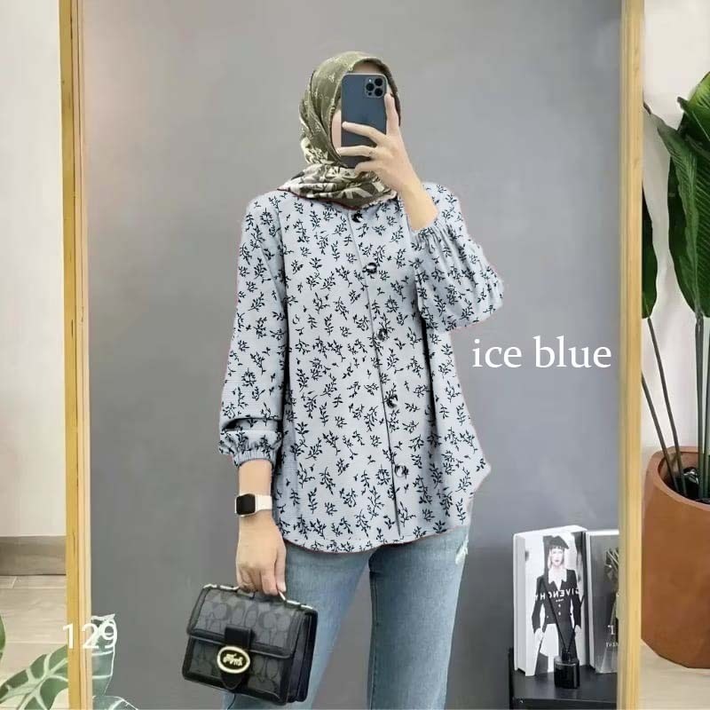 New Blouse Atasan Wanita Oversize Blus Motif Bunga Lengan Panjang Olive