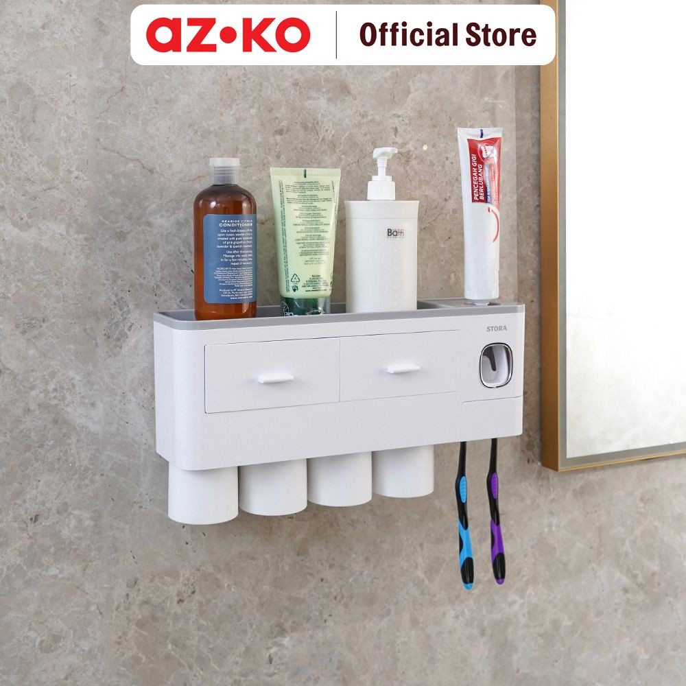 AZKO Stora Tempat Sikat Gigi Dengan 4 Gelas & 2 Laci Penyimpanan Toothbrush Holder Organizer Alat Pe