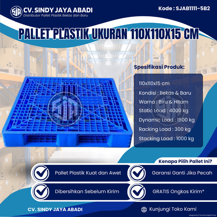 

Pallet Plastik Bekas Ukuran 110x110x15 cm - SJAB1111-5B2 / Pallet Plastik Warna Biru / Pallet Plastik Jaring