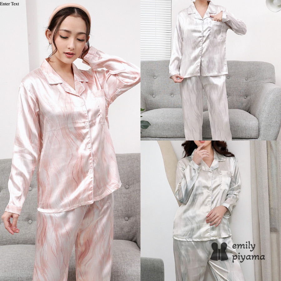 EMILY PIYAMA Baju Tidur Piyama Satin Wanita Dewasa Model Marble Lengan Panjang Celana Panjang Premiu