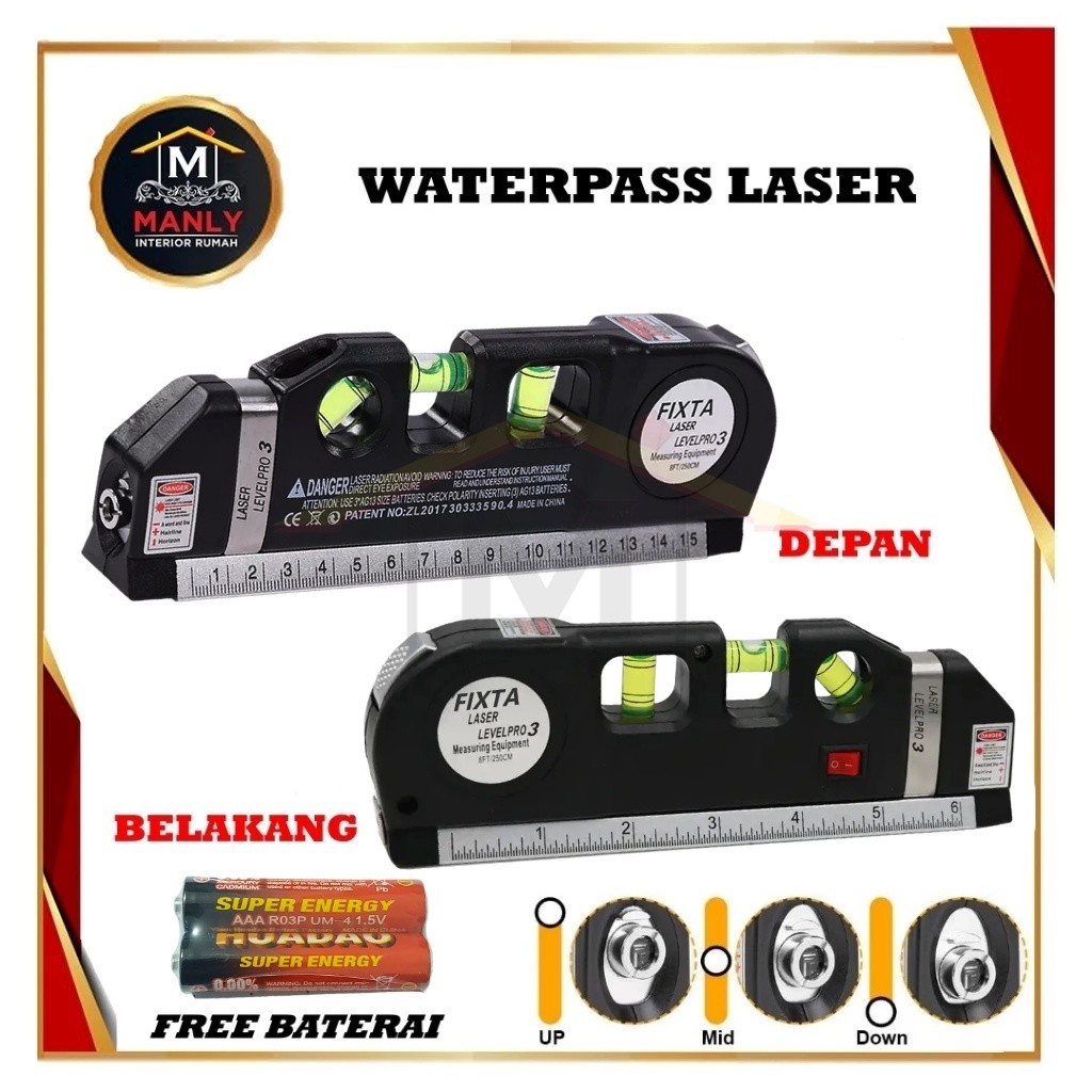 Waterpass Laser Level Pro 3 Penggaris Laser Waterpass Meteran Laser 250 Cm Laser Level pro 3