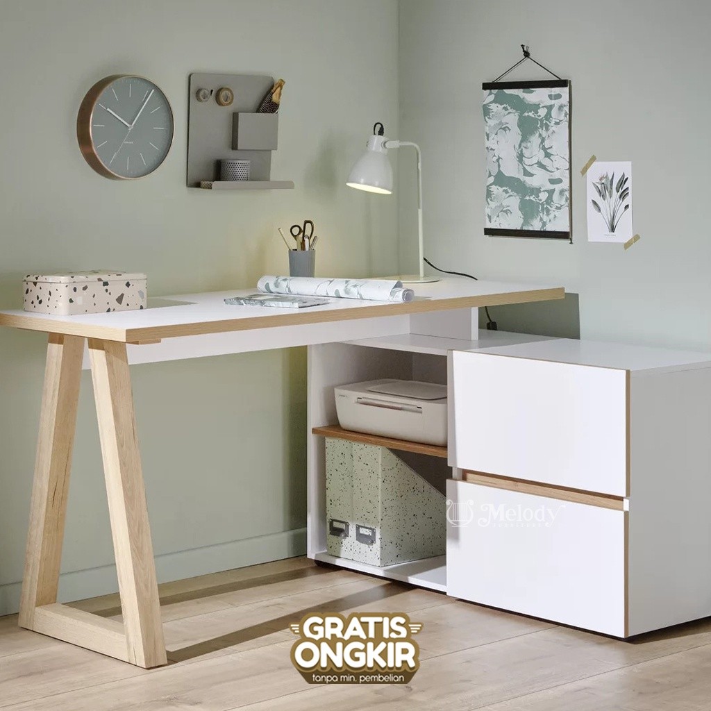 Melody Furniture - Meja Sudut Tipe L Meja Kerja Meja Belajar Club C 145 - Matterhorn White
