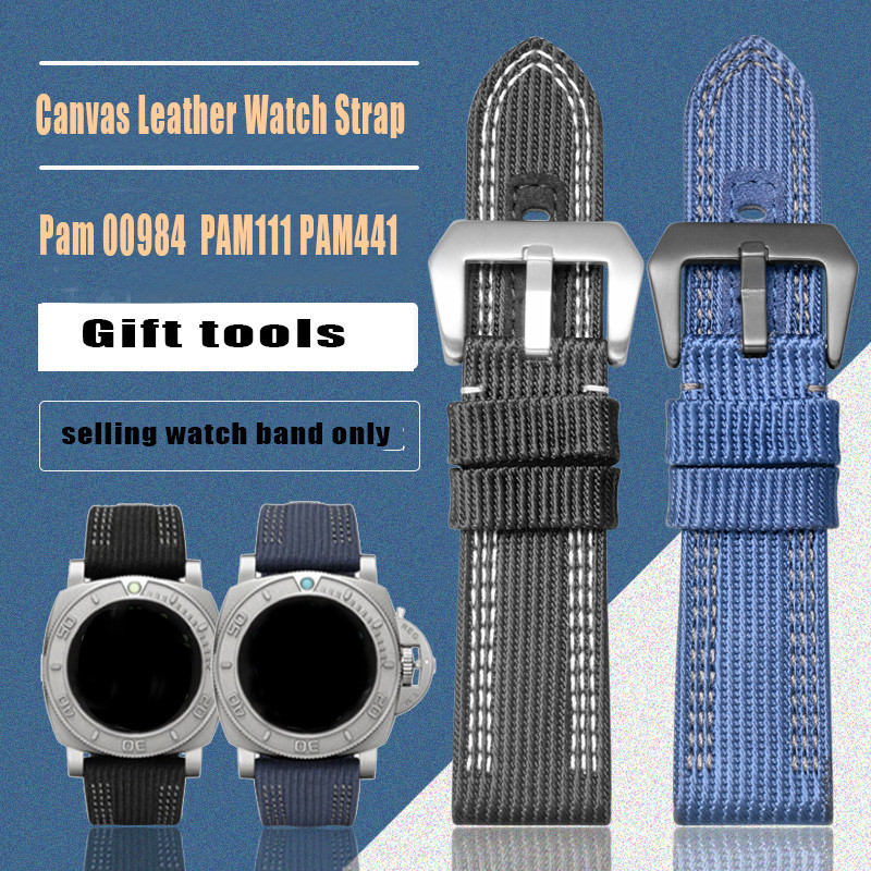 24mm 26mm Nylon Canvas Leather Watch Strap for Panerai 00984 985 Luminor Accessories Bracelet Black 