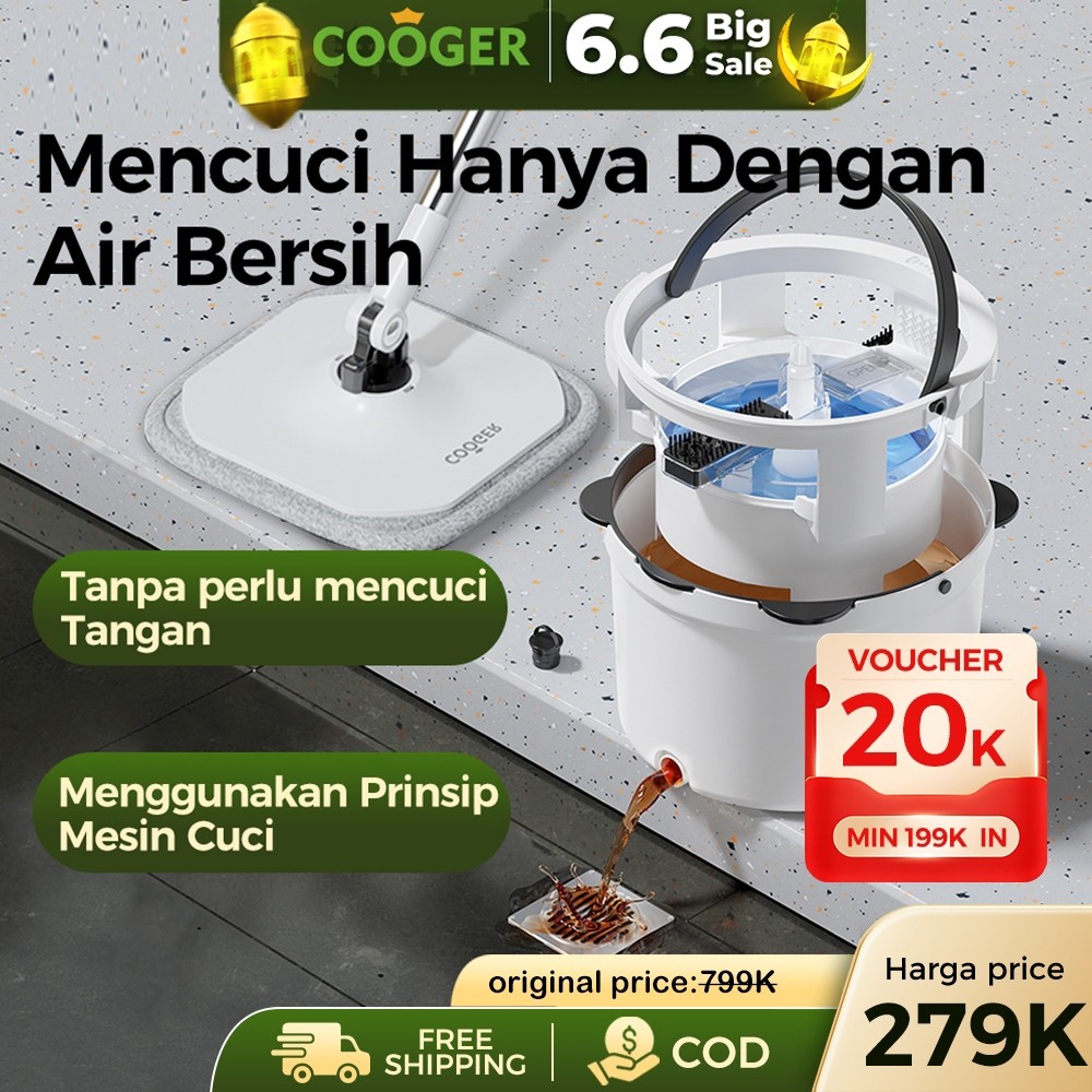 COOGER Alat Pel Lantai Panda 2in1 Single Spin Mop DAPAT 2 Kain Refill- Spin Mop Putar 360 Derajat, A