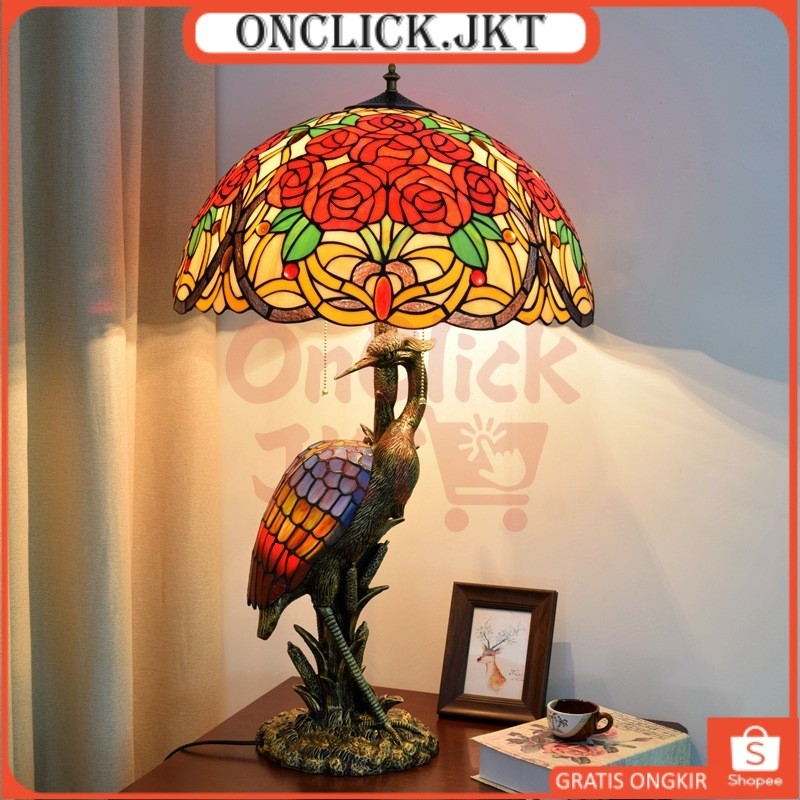 Lampu Meja Kaca Warna Retro Model Bangau dan Bunga Mawar Dekorasi Ruang Tamu Hotel Ukuran Besar