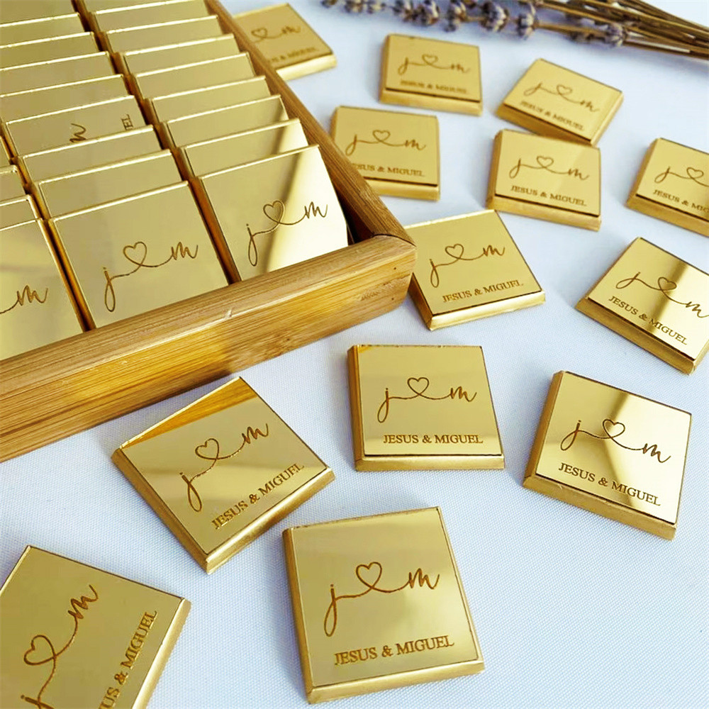 

20/50/100Pcs Personalized Mirror Square Tag For Chocolate Cupcake Charms Engraved Wedding Name Baptism Birthday Party Decoration