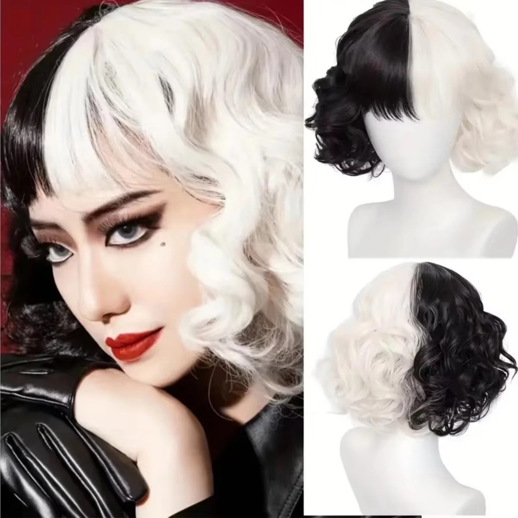 Synthetic Wigs CRUELLA Deville De Vil Cosplay Curly Half White Half Black Heat Resistant Synthetic H
