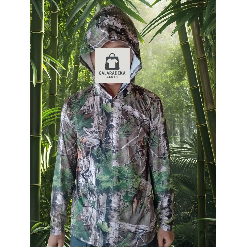 kaos hoddie camuflase outddor motif extra green - kaos olahraga hunting lengan panjang ada kupluk