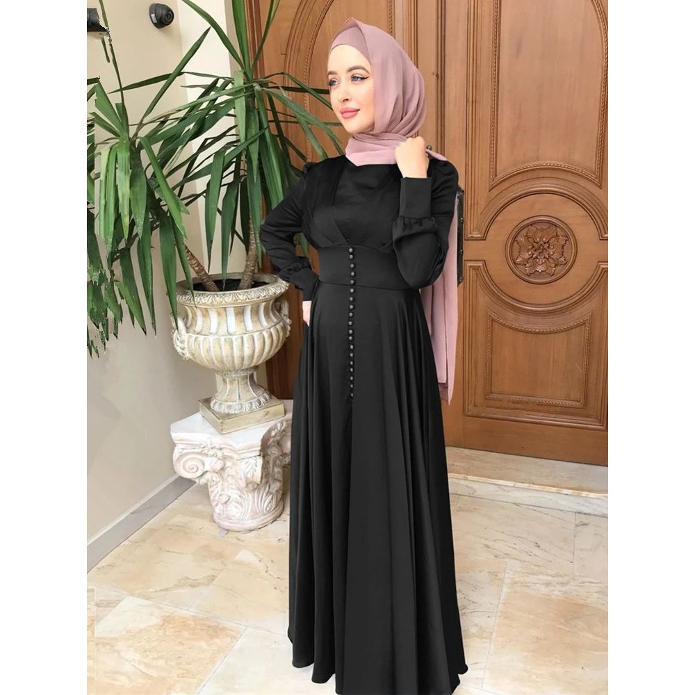 Ramadan Eid Black Satin Abaya Damen Dubai Islamic Prayer Clothes Women Muslim Dress Kebaya Kaftan Ro